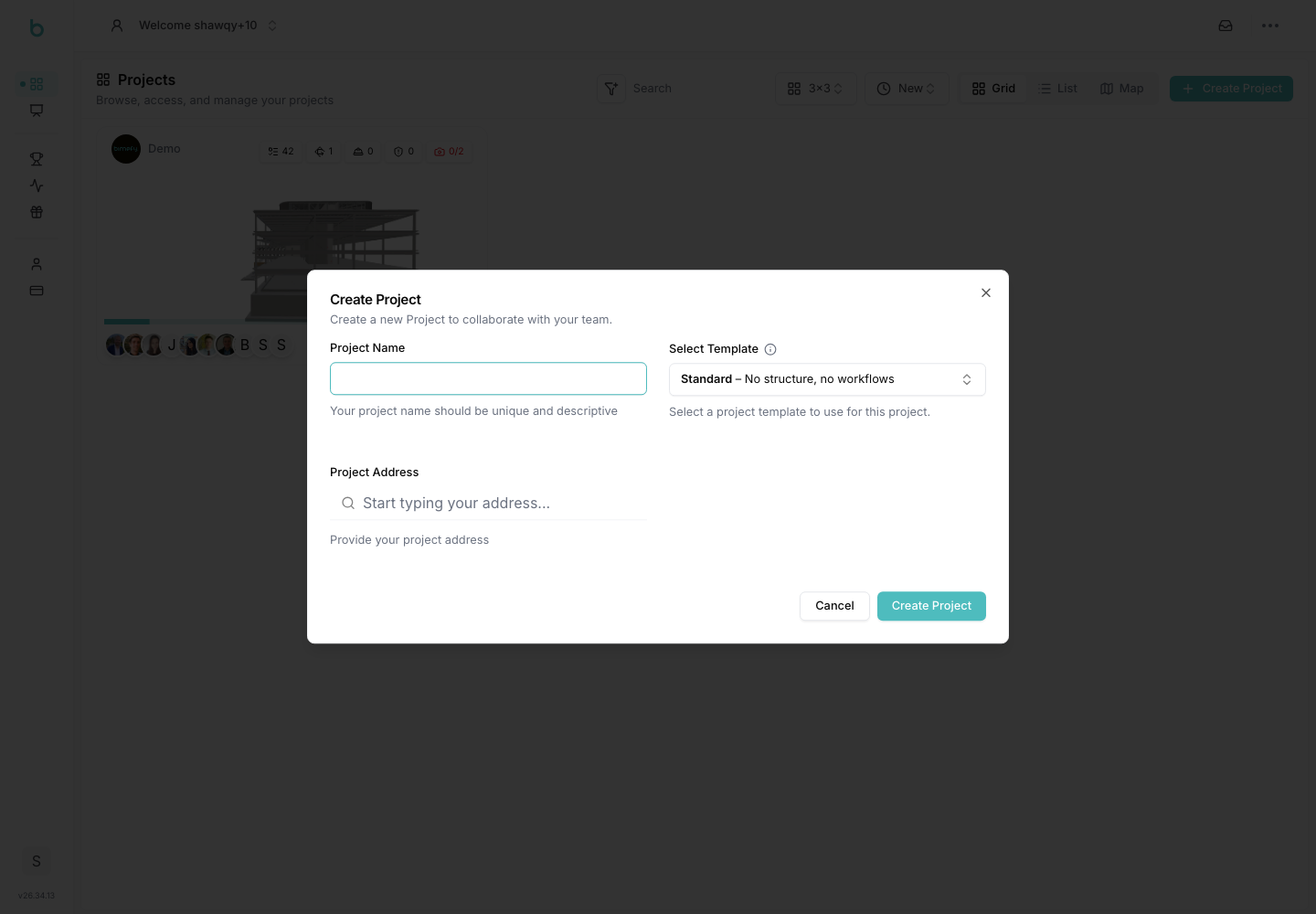 Create project dialog