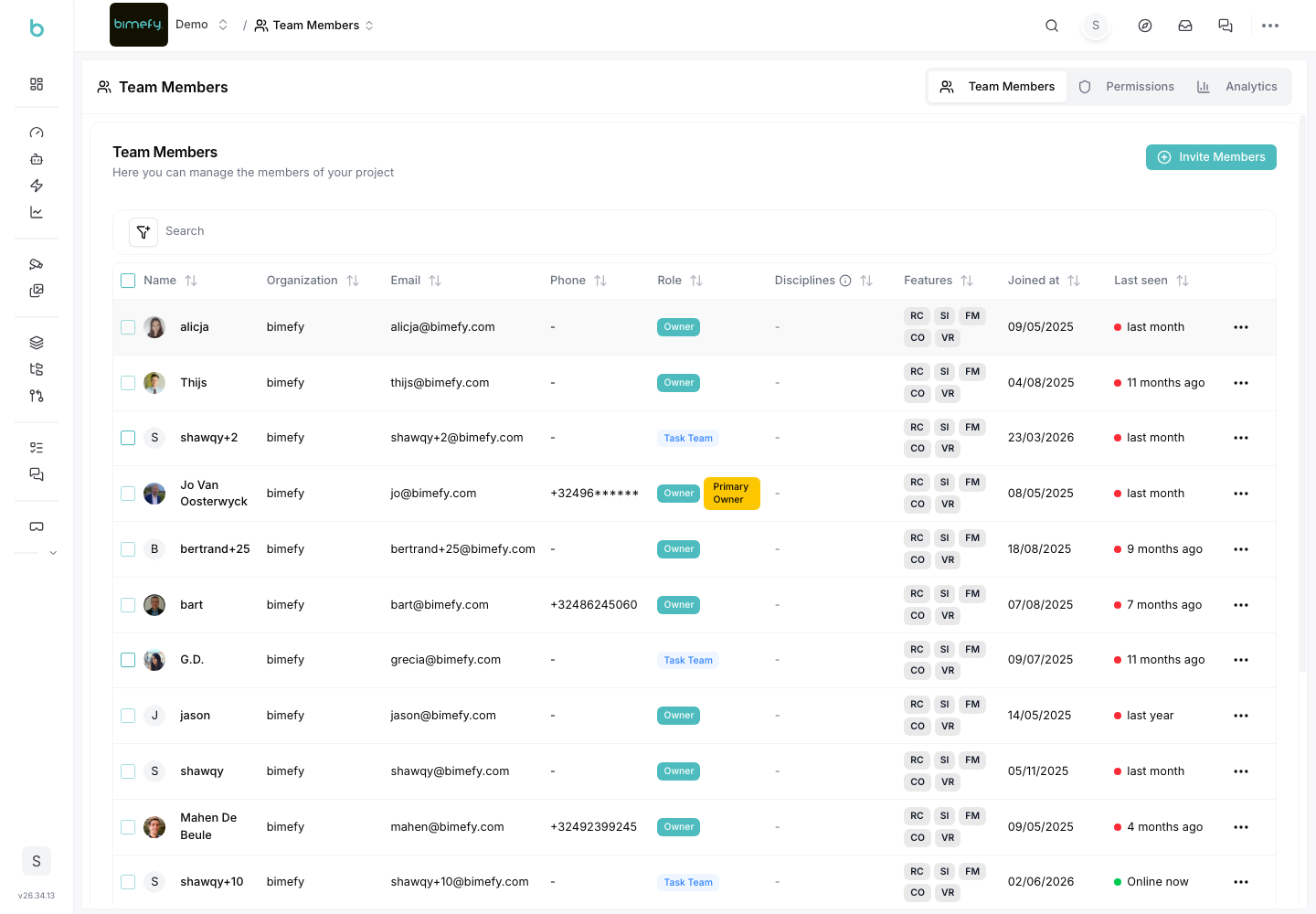Team members and permissions