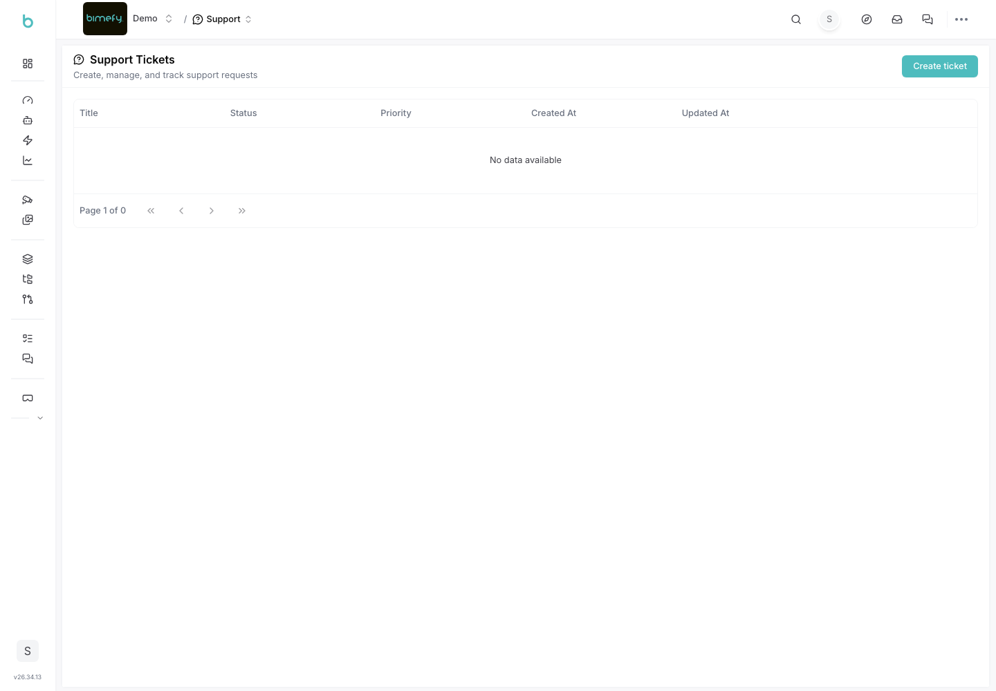 Support tickets page